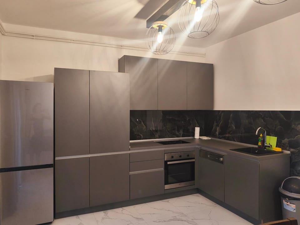 Kitchen or kitchenette, dishwasher, oven, stove