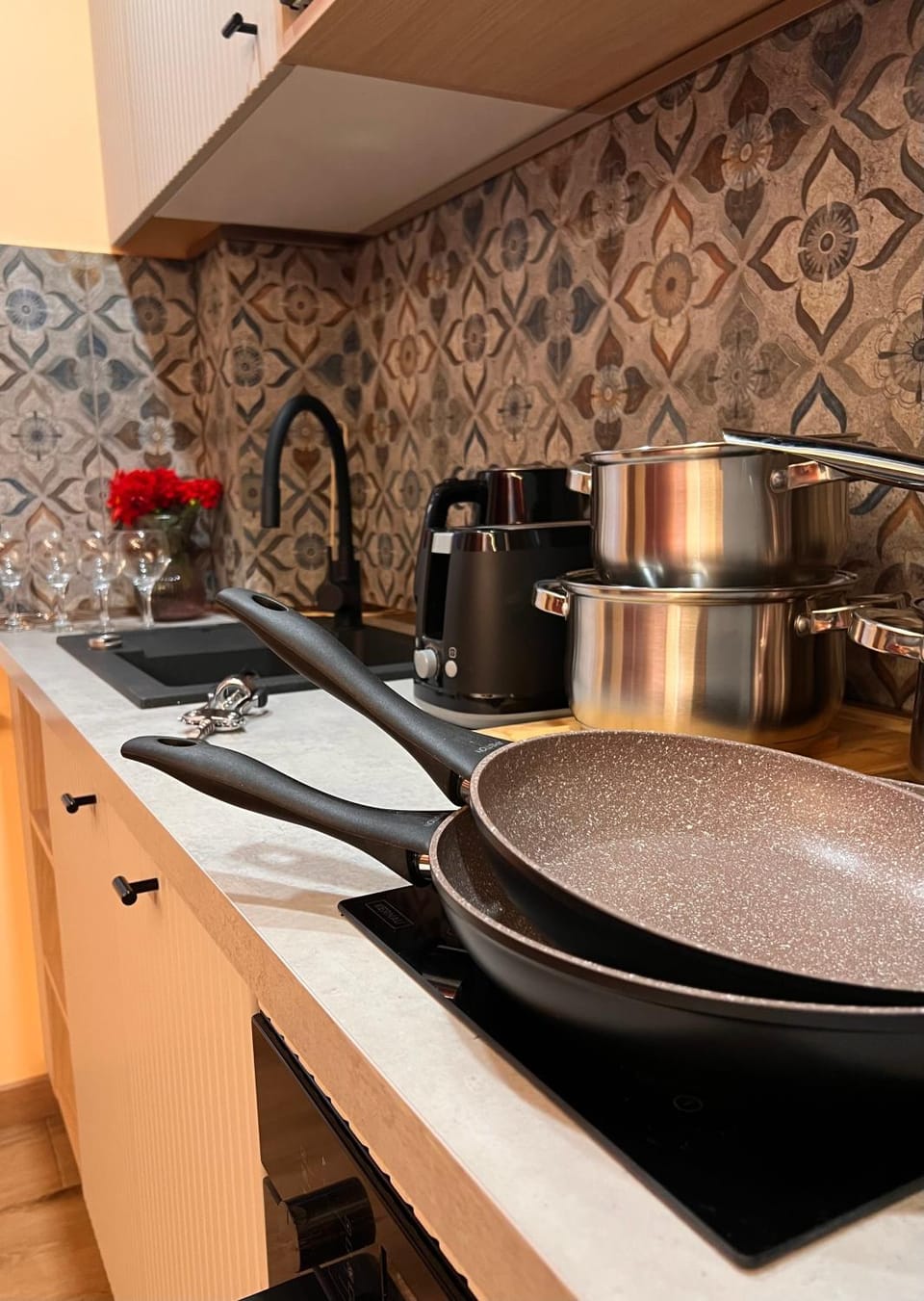 Kitchen or kitchenette, stove