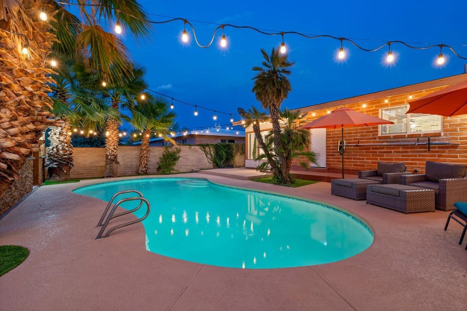 Patio, Night, Pool view, Swimming pool, Swimming pool, sunbed