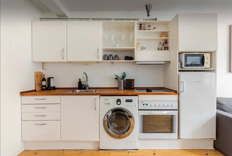Kitchen or kitchenette, dishwasher, oven, stove, toaster, washing machine
