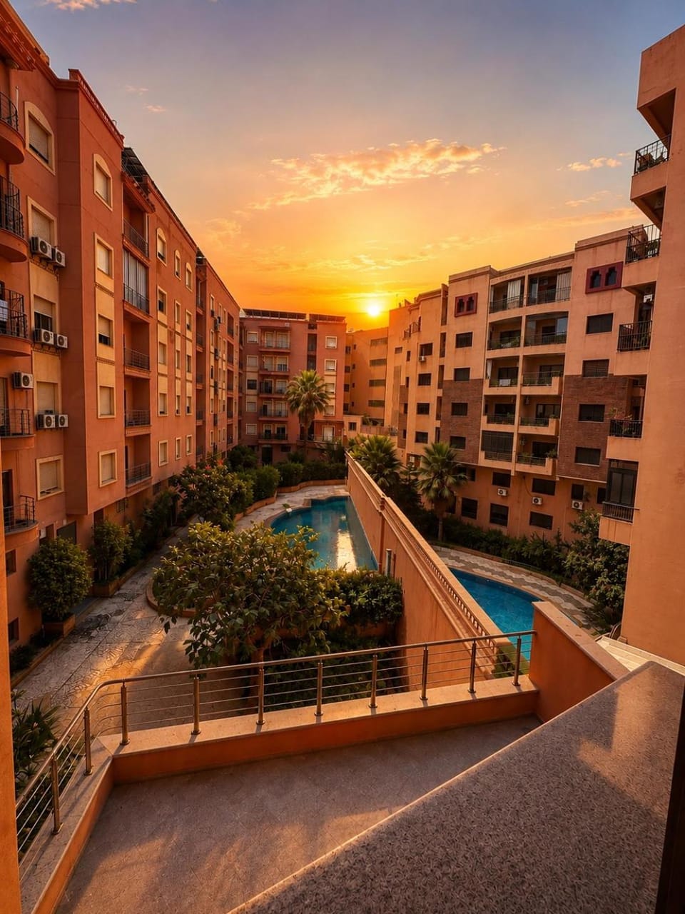 Property building, Pool view, Swimming pool, Sunset
