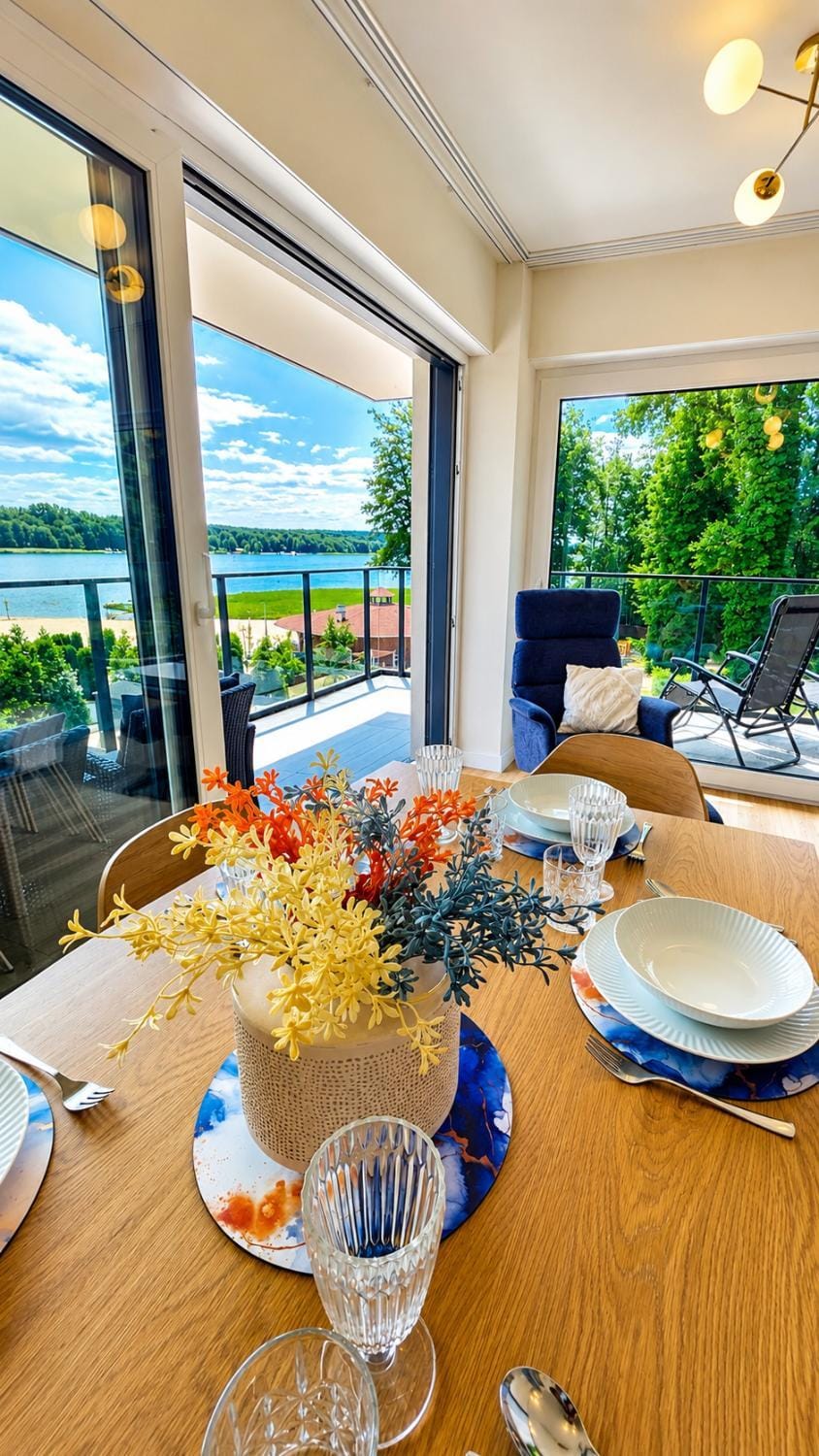 Living room, Seating area, Dining area, Lake view
