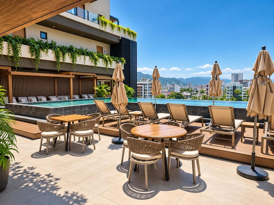 Balcony/Terrace, Seating area, Dining area, City view, Mountain view, Swimming pool, sunbed