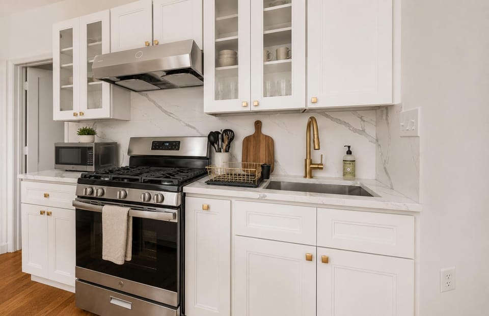 Kitchen or kitchenette, oven, stove, toaster