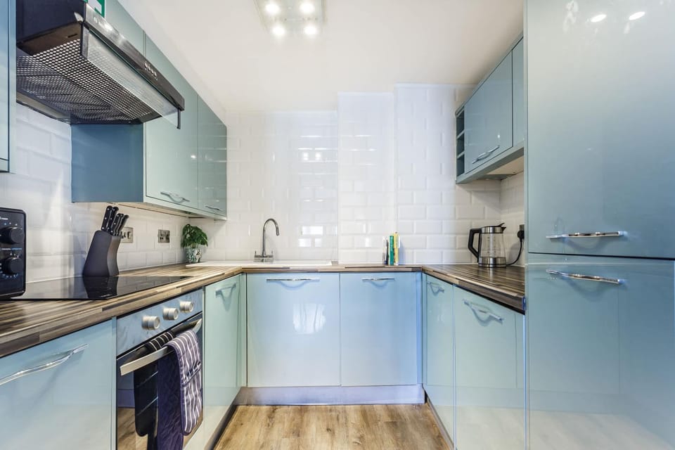 Kitchen or kitchenette, dishwasher, oven, stove