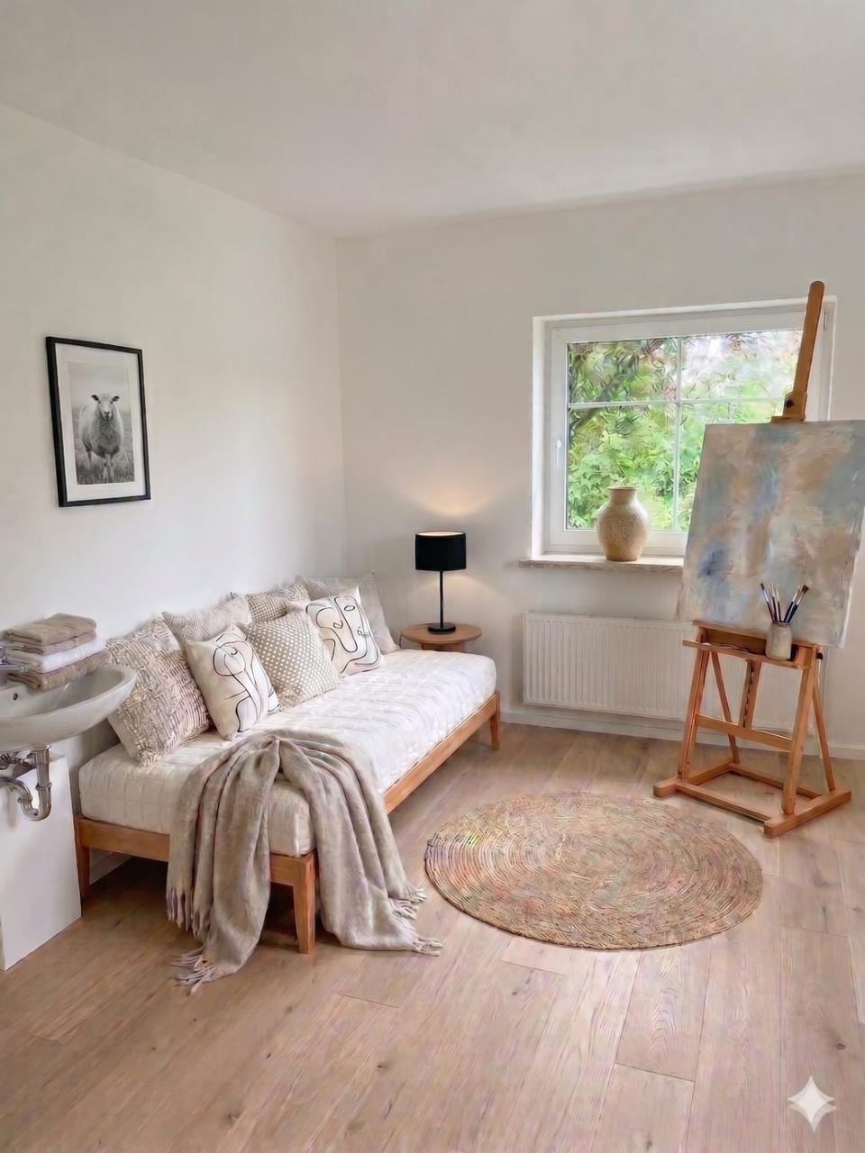 Bed, Seating area, Bedroom