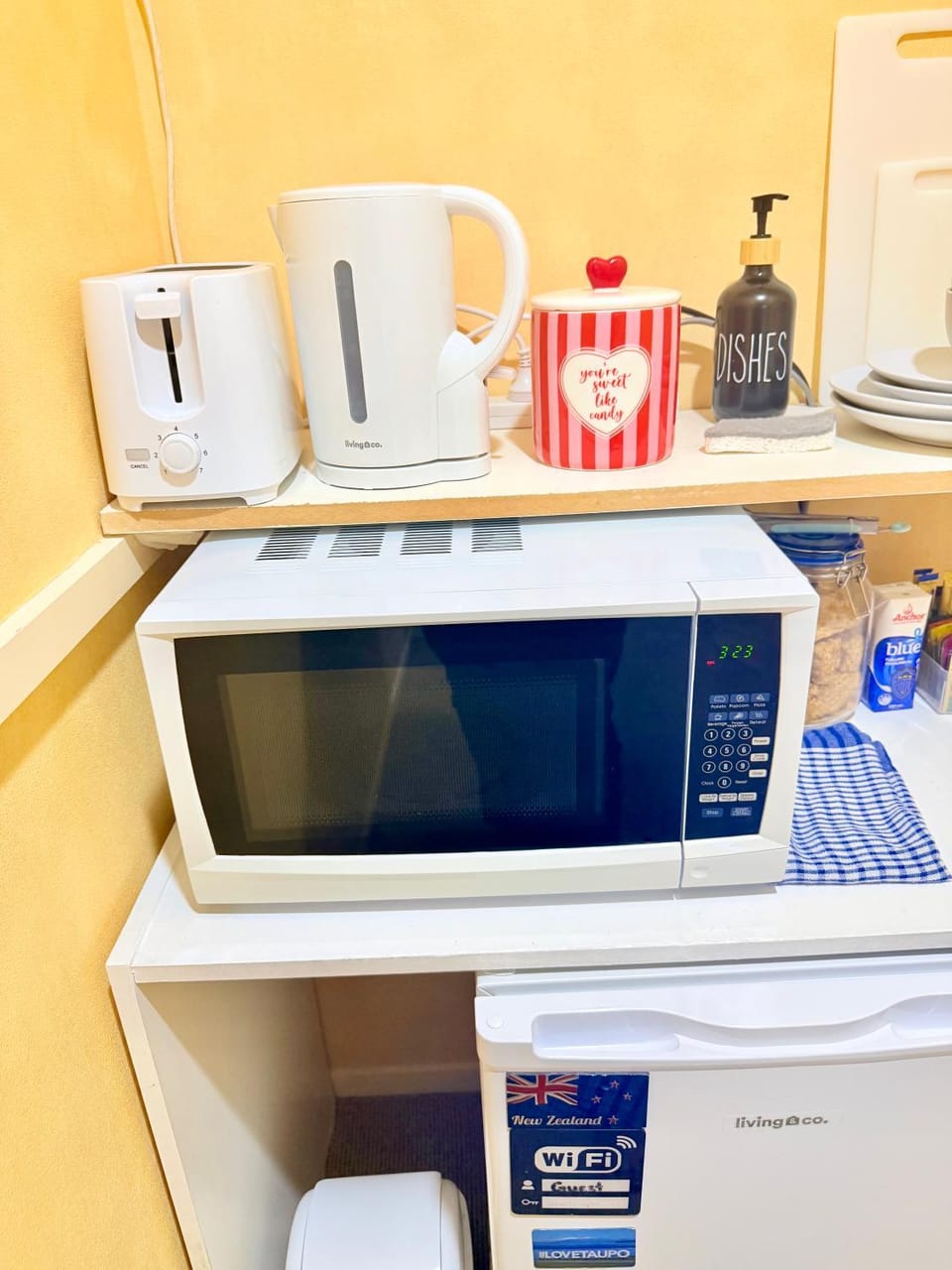 Kitchen or kitchenette, microwave