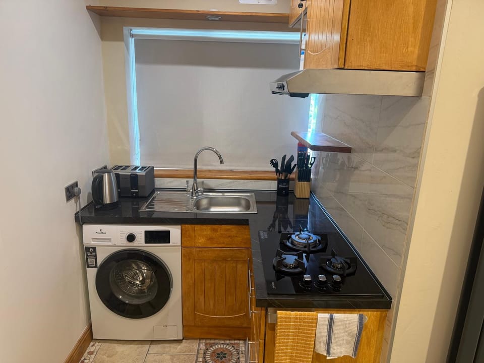 Kitchen or kitchenette, stove, toaster, washing machine