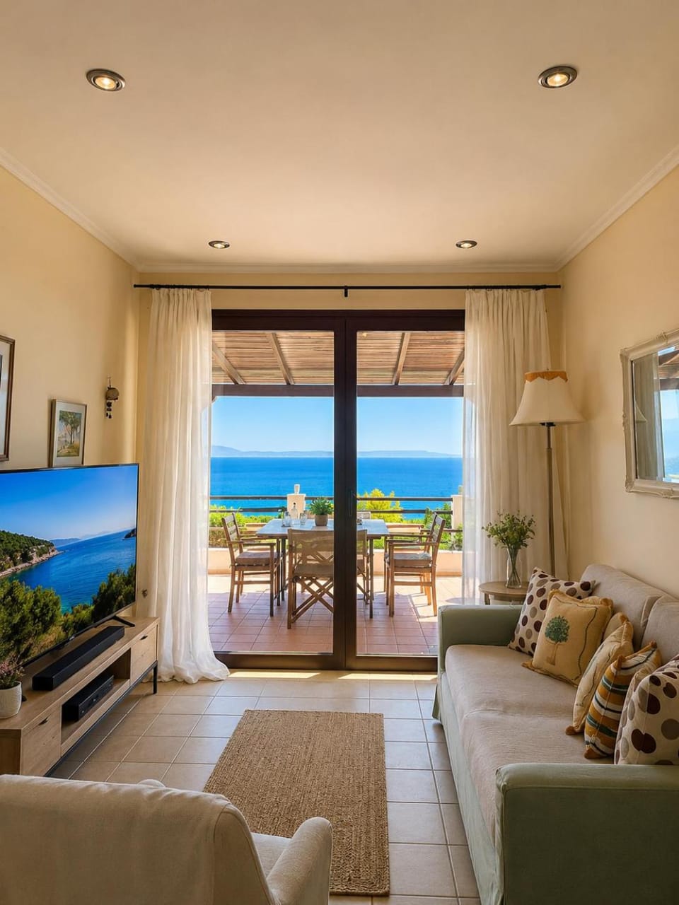 Natural landscape, View (from property/room), Balcony/Terrace, Living room, Seating area, Sea view
