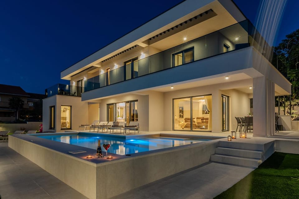Property building, Patio, Night, Swimming pool