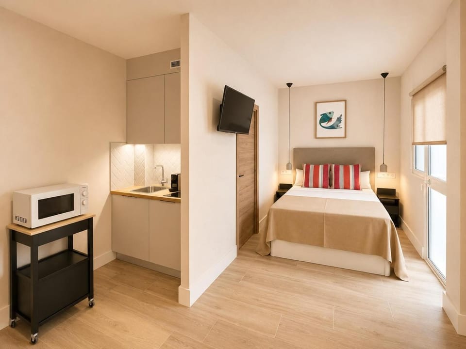 Bed, TV and multimedia, Kitchen or kitchenette, Photo of the whole room, Bedroom
