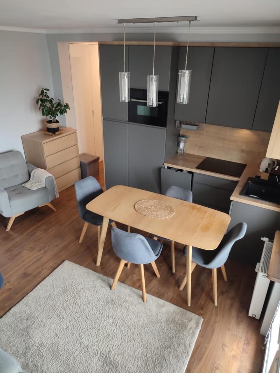 Kitchen or kitchenette, Living room, Seating area, Dining area