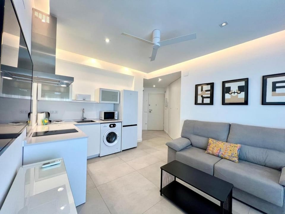 Kitchen or kitchenette, Living room, Seating area, microwave, stove, washing machine, air conditioner