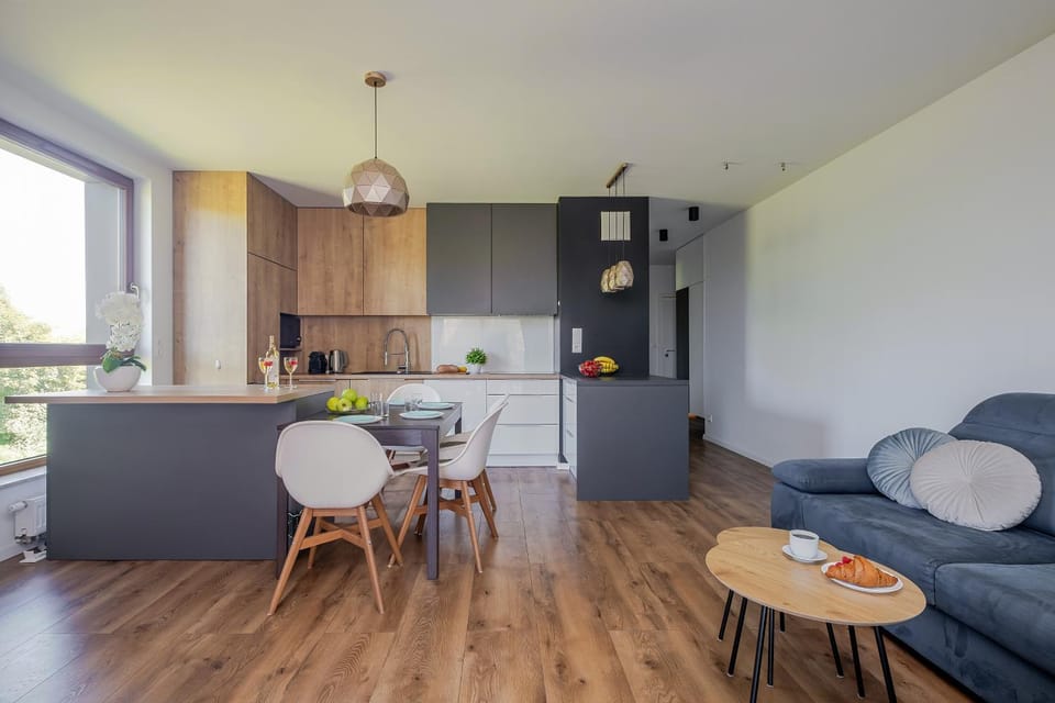Kitchen or kitchenette, Living room, Seating area, Dining area, stove