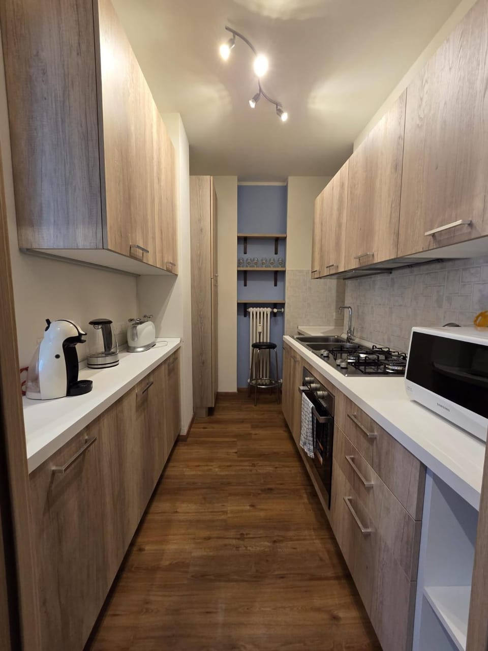 Kitchen or kitchenette, stove