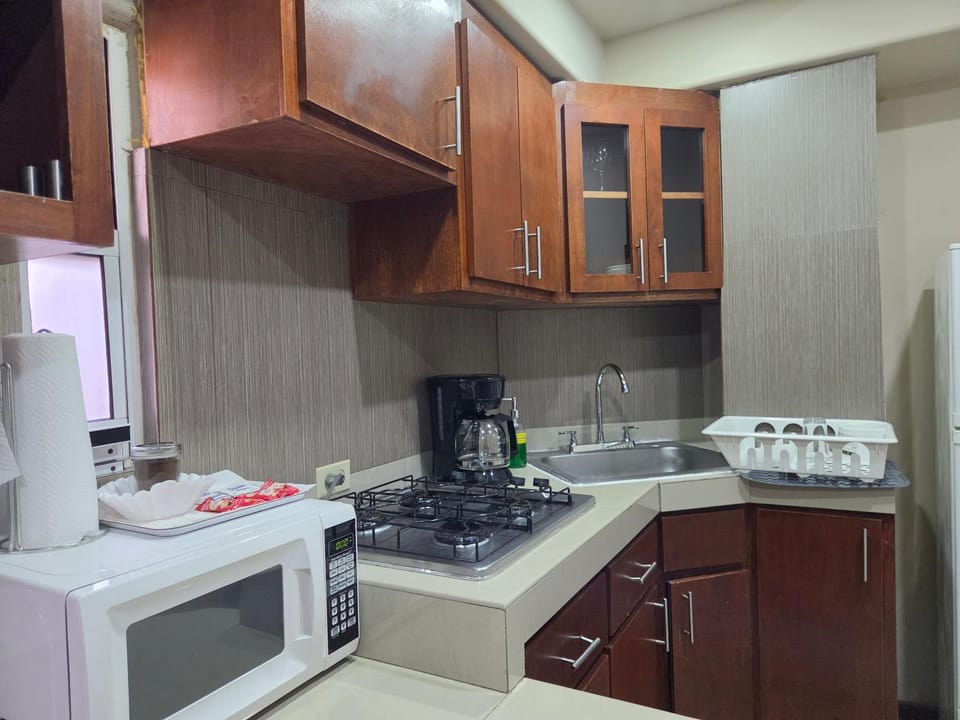 Kitchen or kitchenette, microwave, stove