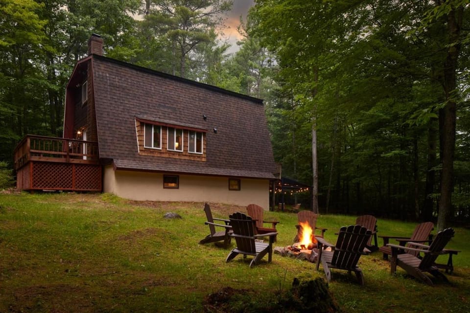 Property building, Patio, Night, Natural landscape, Seating area