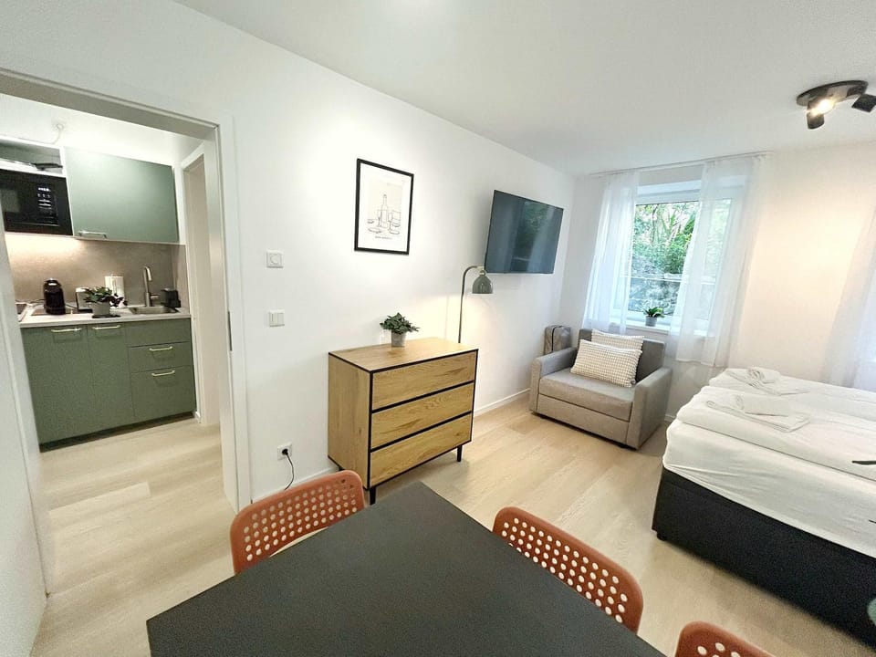 Bed, TV and multimedia, Kitchen or kitchenette, Living room, Photo of the whole room, Seating area, Dining area, Bedroom