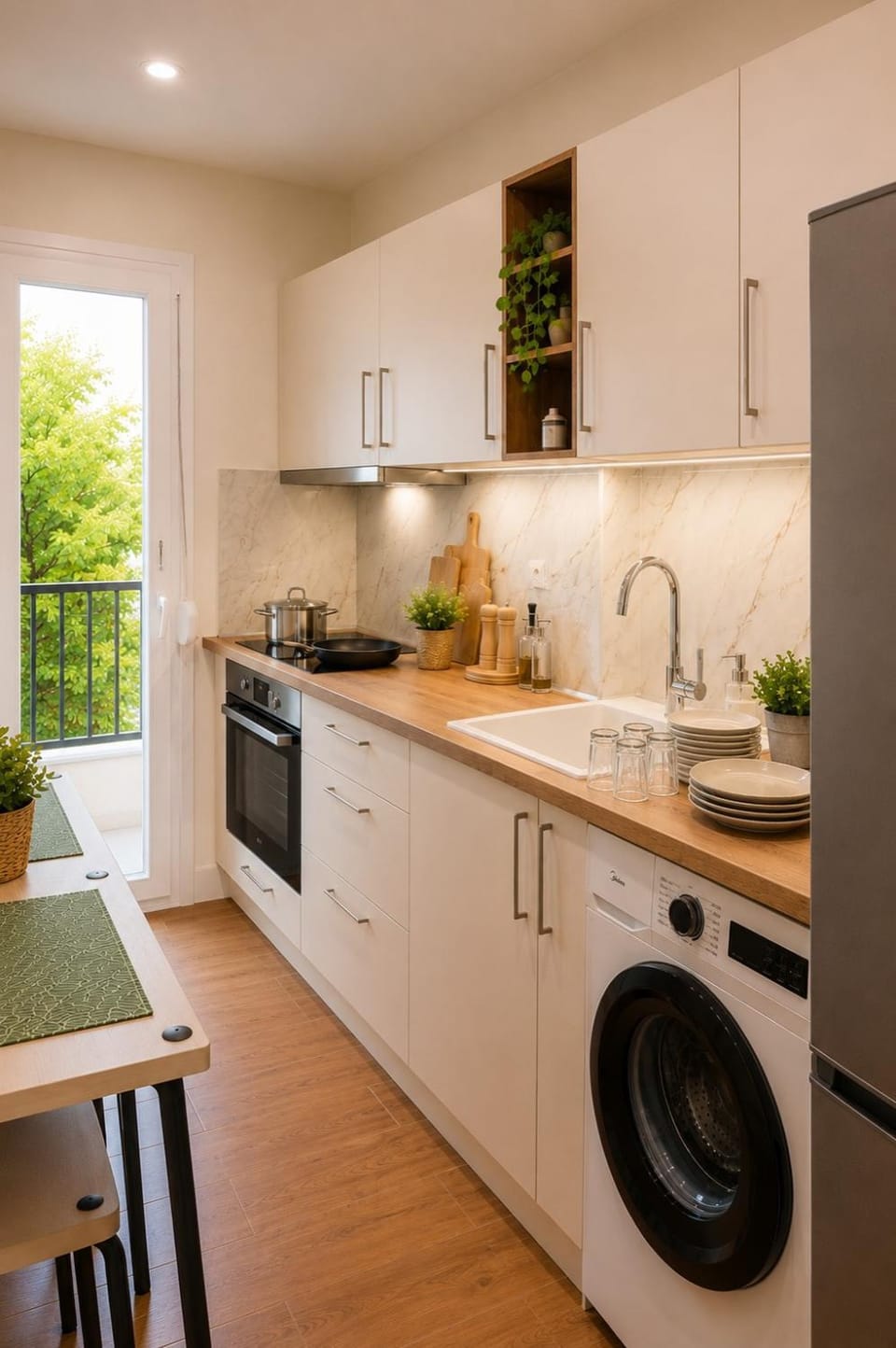 Coffee/tea facilities, Kitchen or kitchenette, Dining area, oven, stove, washing machine
