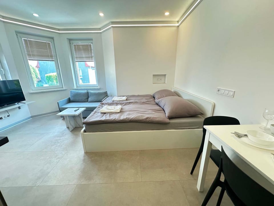 Bed, TV and multimedia, Living room, Seating area, Bedroom