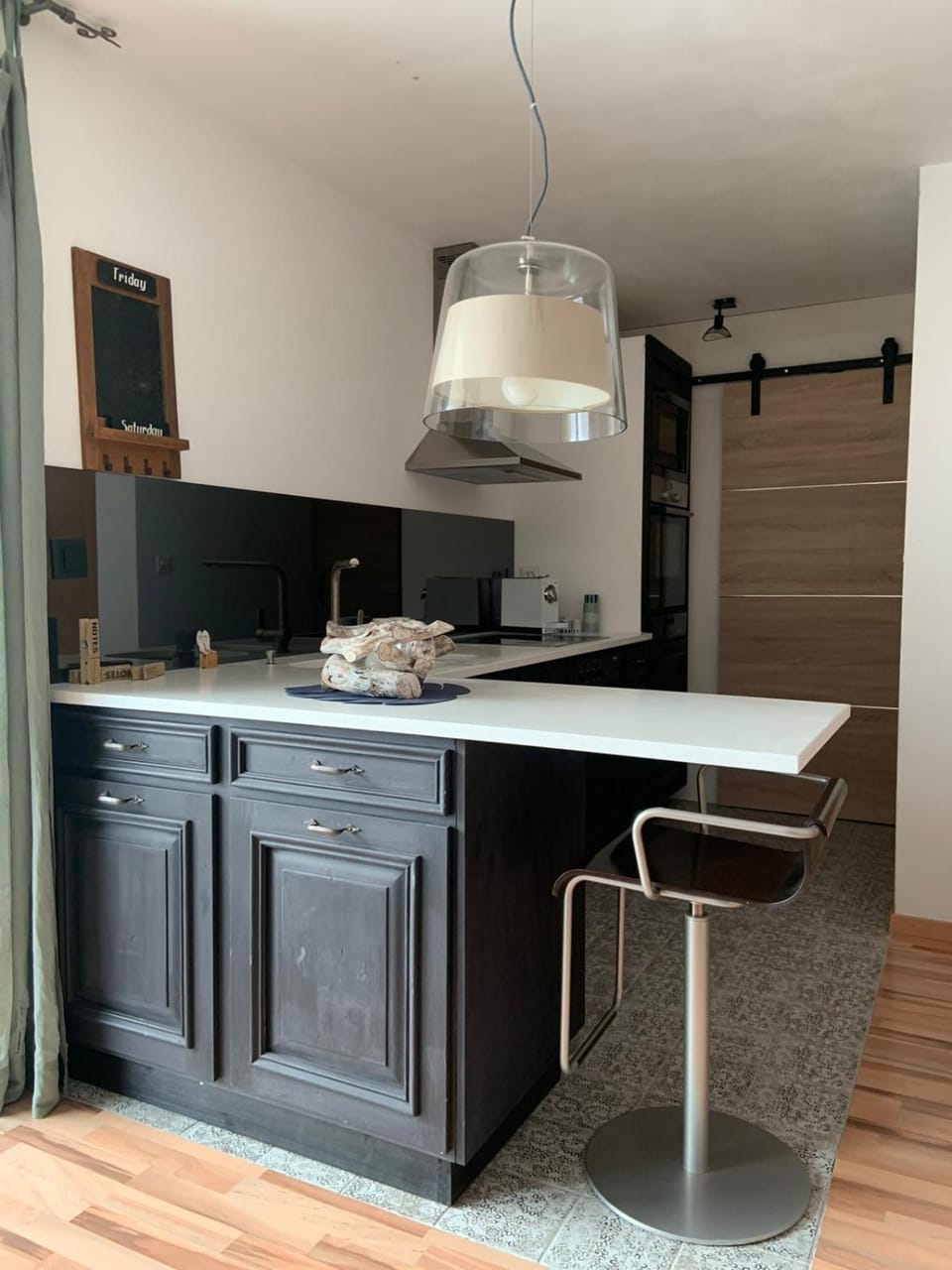 Kitchen or kitchenette, stove
