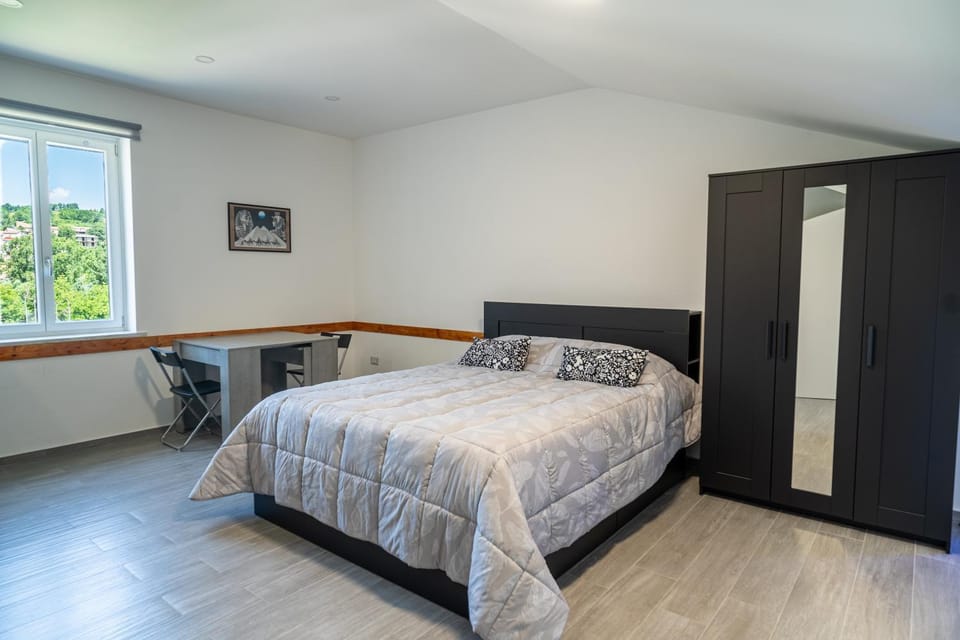 Bed, wardrobe