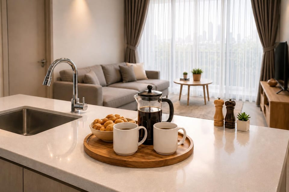 Coffee/tea facilities, Kitchen or kitchenette, Living room, Food and drinks, Seating area, Dining area, Food, Drinks