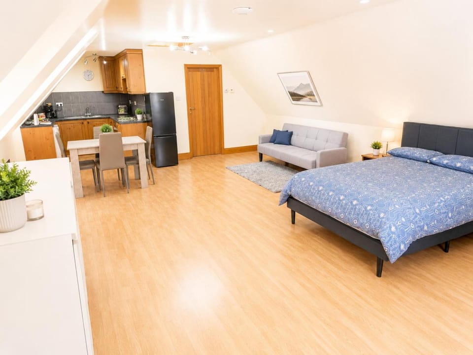 Bed, Kitchen or kitchenette, Living room, Seating area, Dining area, Bedroom