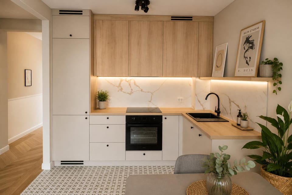 Kitchen or kitchenette, stove