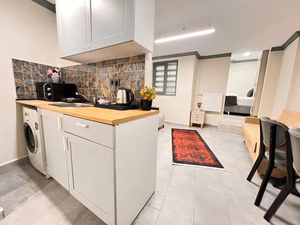 Kitchen or kitchenette, Seating area, oven, stove, washing machine