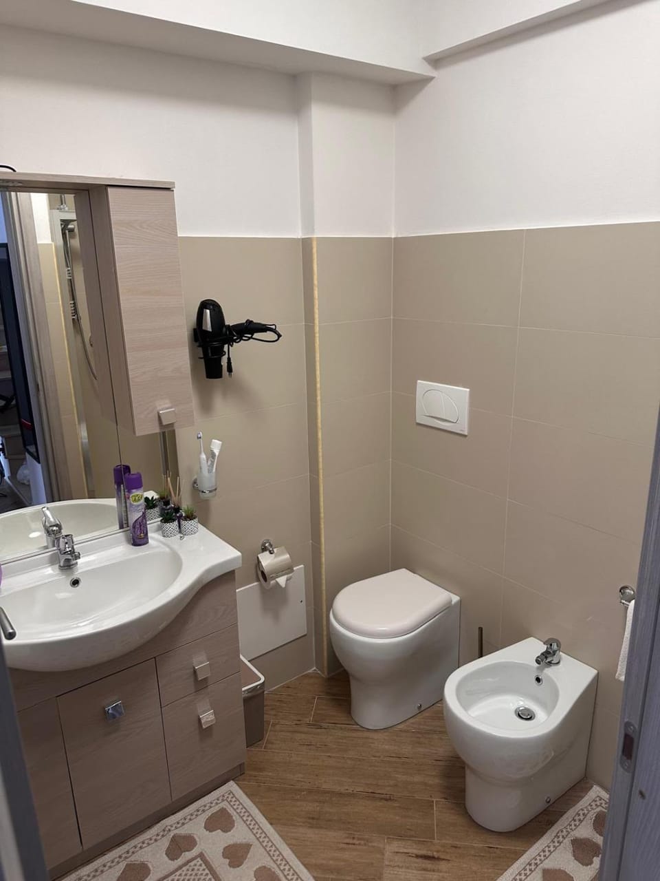 Toilet, hair dryier, towels