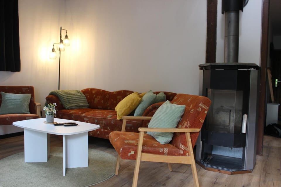 Living room, fireplace, oven