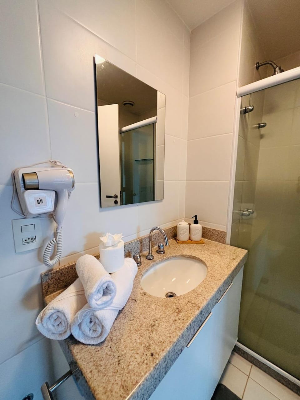 Shower, Bathroom, hair dryier, towels