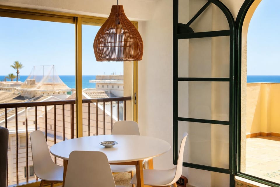 Natural landscape, View (from property/room), Balcony/Terrace, Living room, Seating area, Dining area, Beach, Sea view