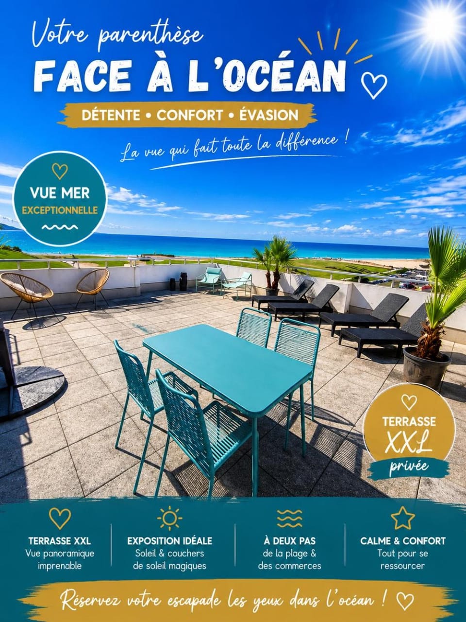 Une des plus belles vues de Biscarrosse Plage Terrasse panoramique de 63 m2 face ocean vue mer exceptionnelle plage a pied emplacement unique parking gratuit Apartment in Biscarrosse