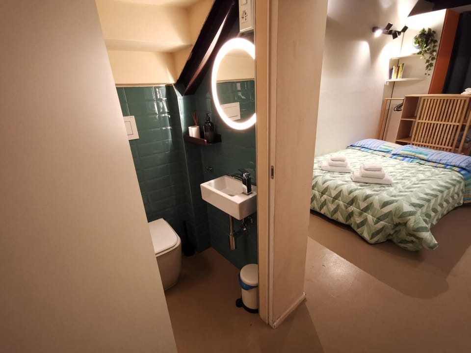 Toilet, Bed, Bathroom, Photo of the whole room, Bedroom, towels