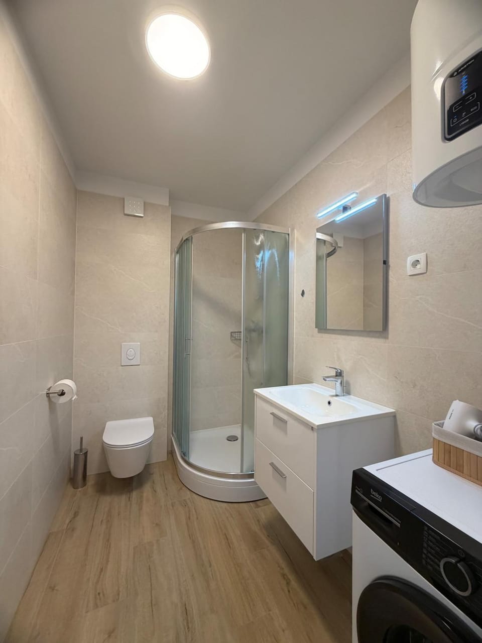 Shower, Toilet, Bathroom, hair dryier, washing machine