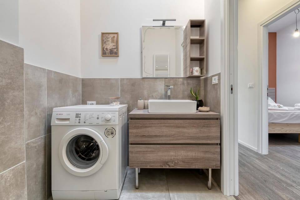 Bathroom, towels, washing machine, dryer