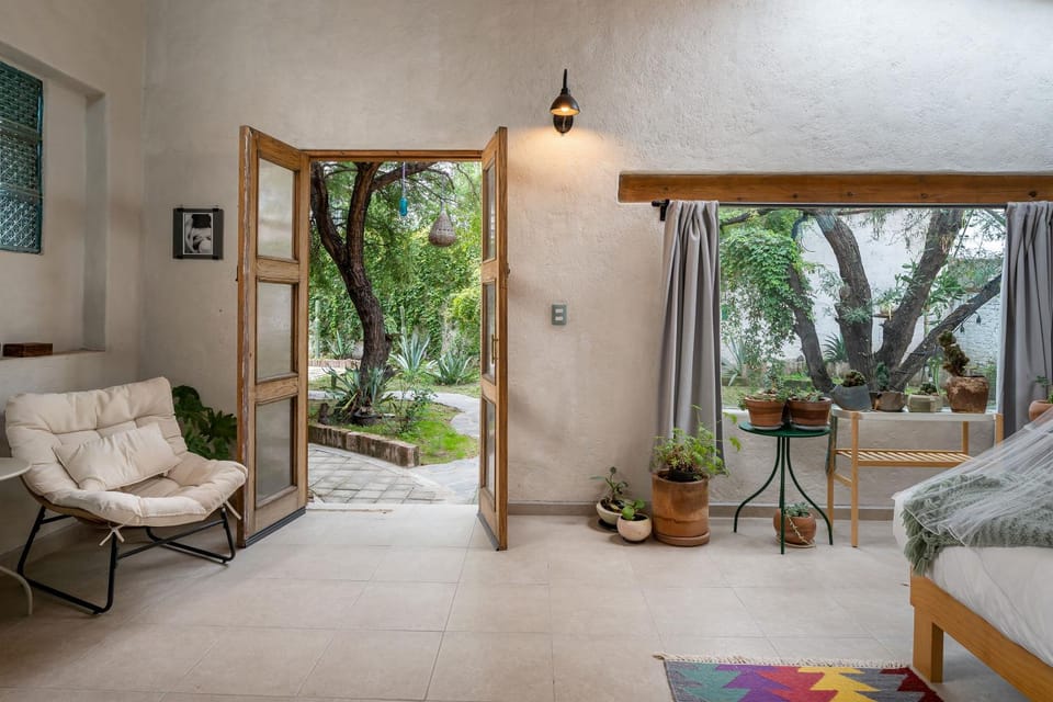 Patio, Bed, Seating area, Bedroom