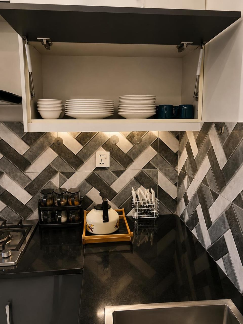 Kitchen or kitchenette, stove