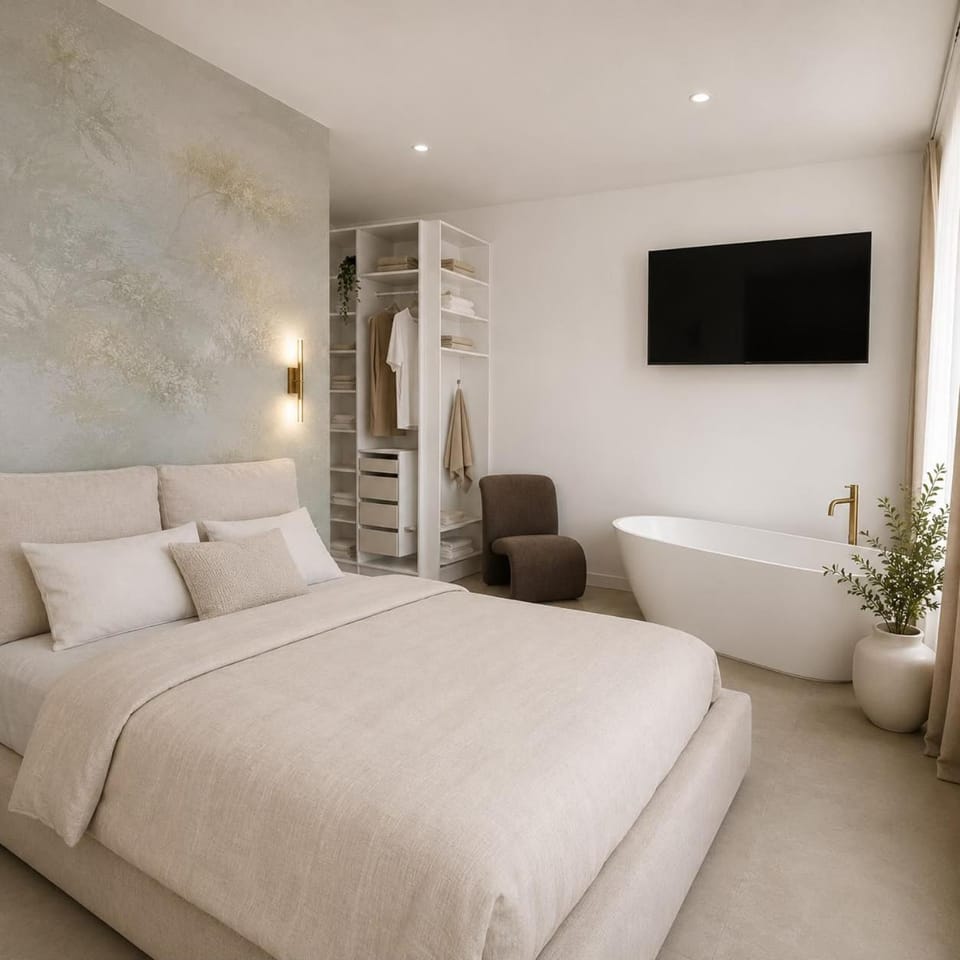 Bed, TV and multimedia, Seating area, Bedroom