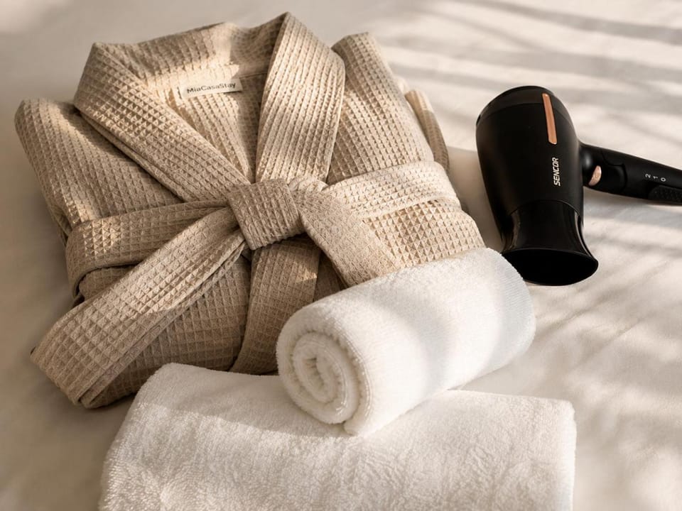 Bed, Bedroom, hair dryier, towels