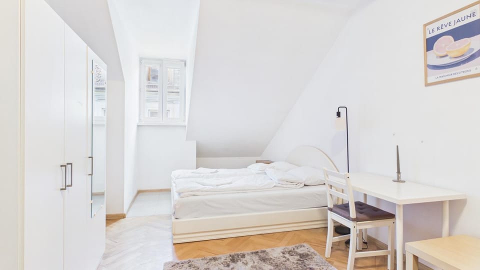 Bed, wardrobe