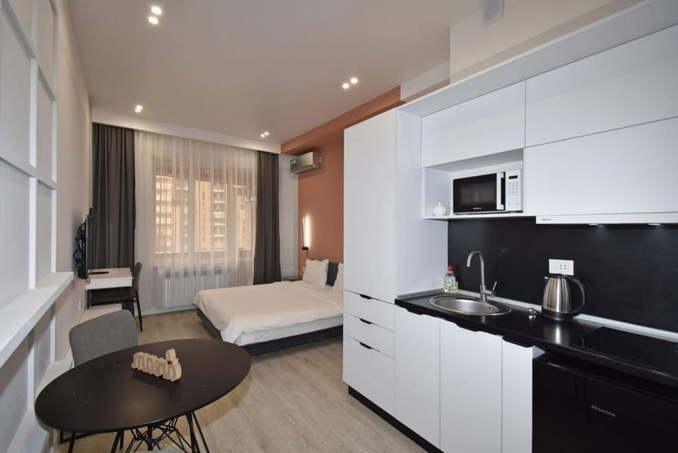Bed, Bedroom, microwave, oven, kitchen