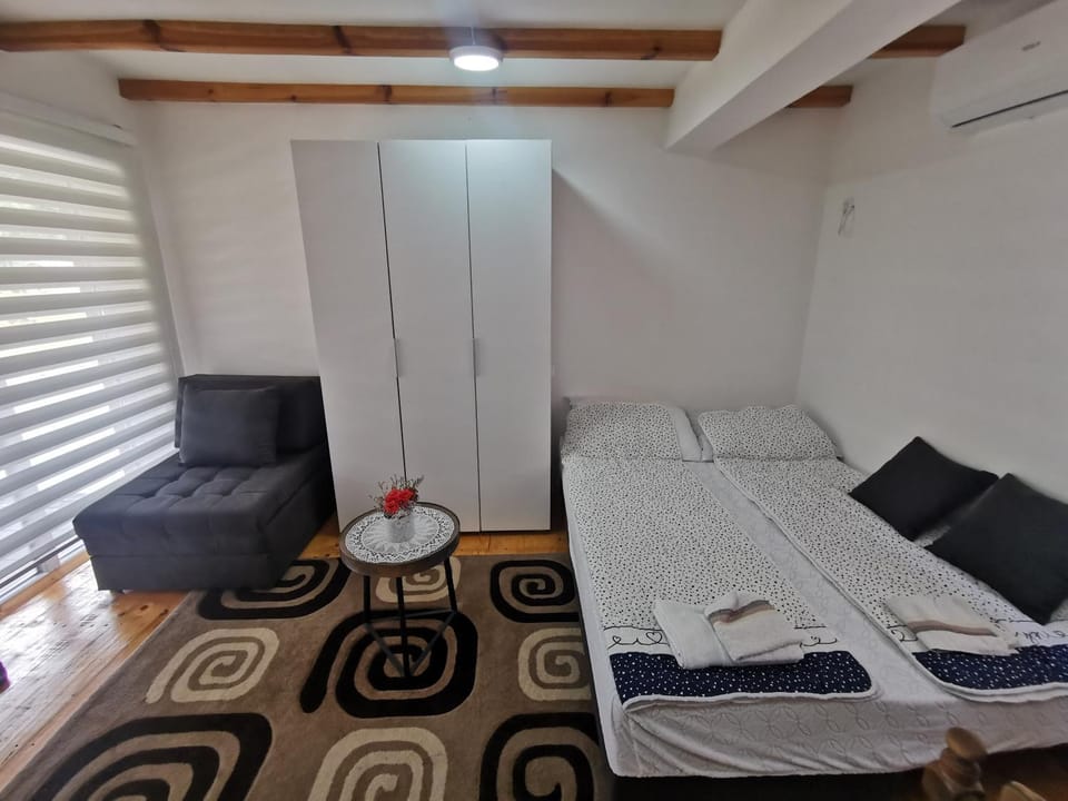 Bed, wardrobe