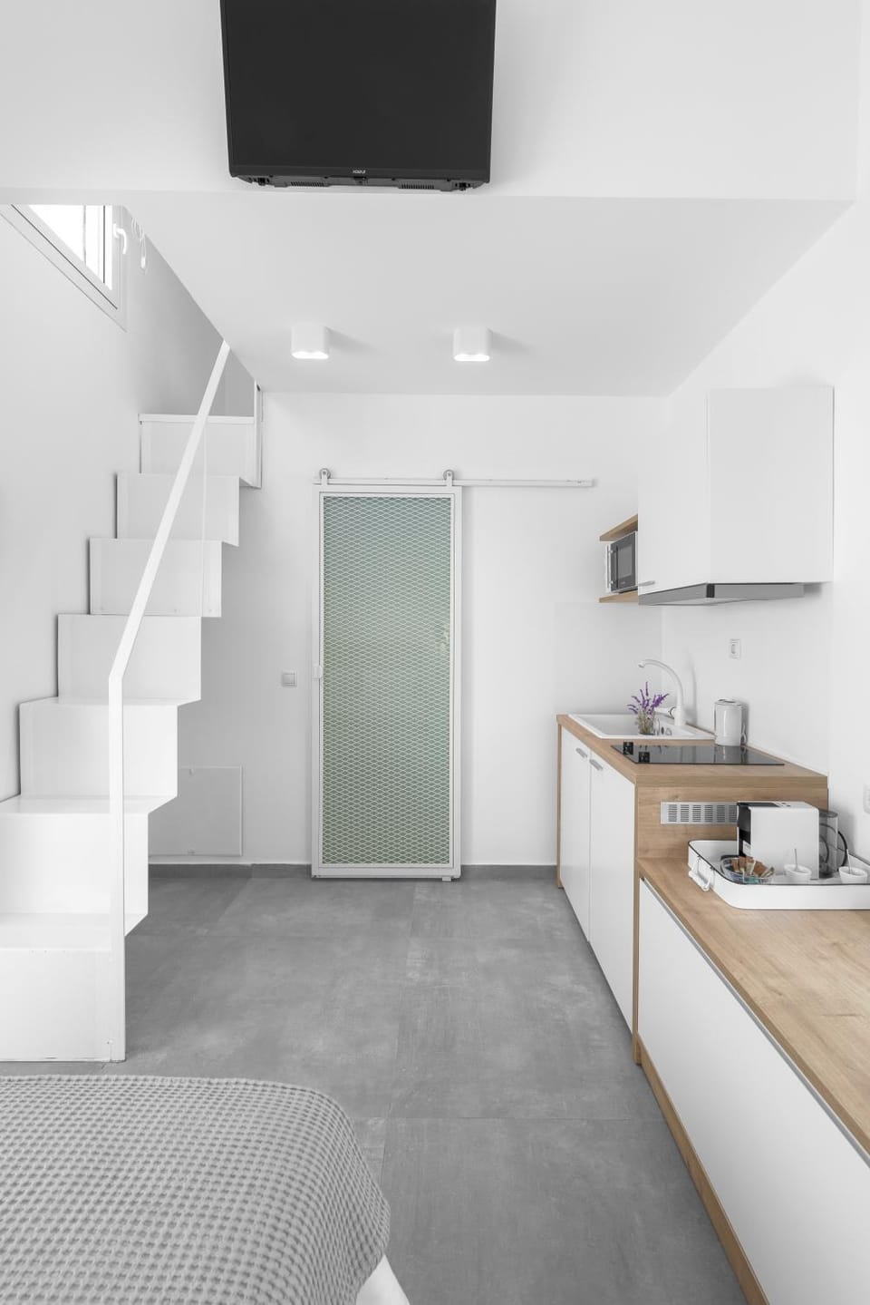 Kitchen or kitchenette, stove