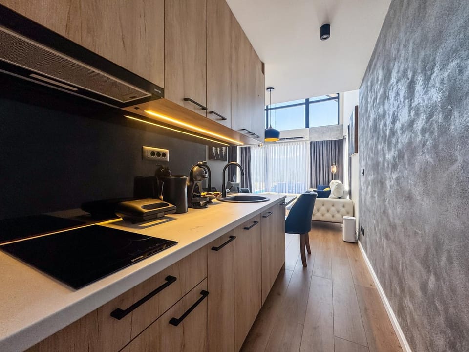 Kitchen or kitchenette, dishwasher, stove