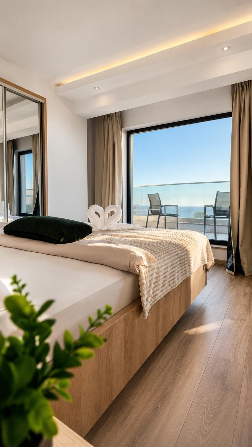 Bed, View (from property/room), Balcony/Terrace, Photo of the whole room, Bedroom, Sea view
