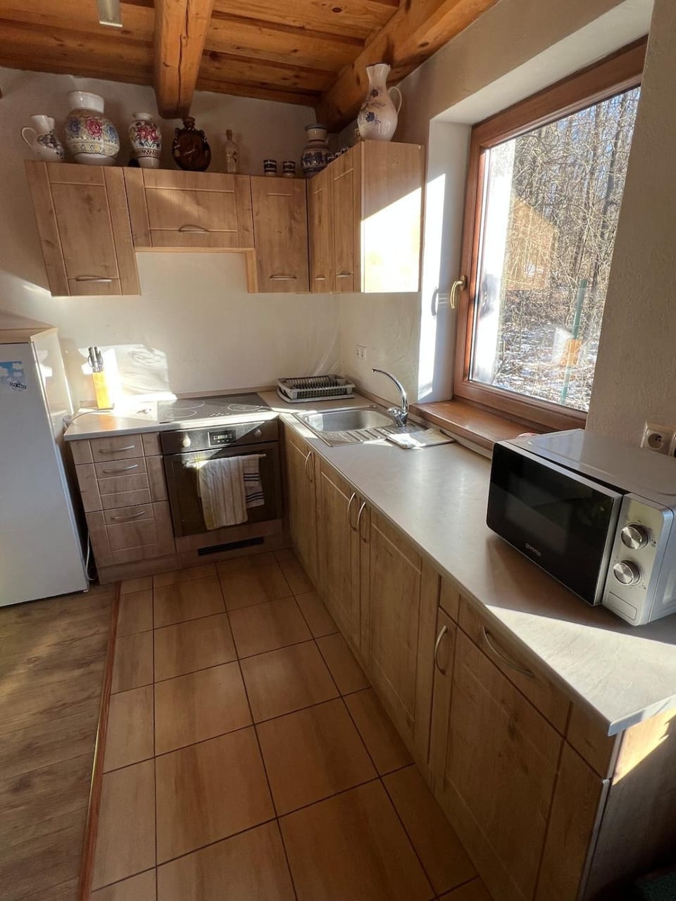 Kitchen or kitchenette, microwave, stove