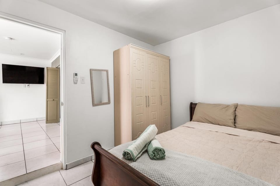 Bed, wardrobe